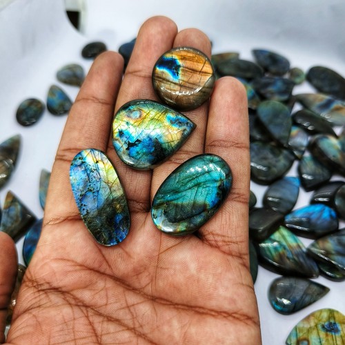 Lotto 100 Gms Pietre Preziose Cabochon Sciolte Naturali Multi Fuoco Labradorite 20-40mm - Foto 3 di 7