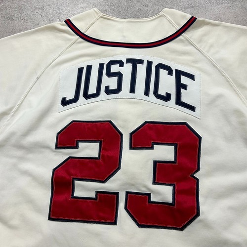 VTG 90s MLB ATLANTA BRAVES DAVID JUSTICE JERSEY RUSSELL MADE IN USA Sz 44 INTERA - Picture 3 of 12