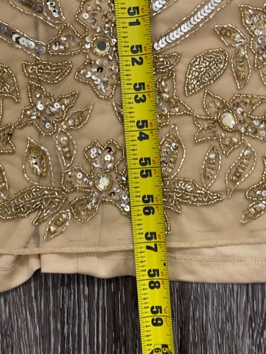 Maxi Vestido Mac Duggal Dorado Cuentas Flecos Formal Lentejuelas Talla 14 Manga Gorra - Imagen 13 de 14