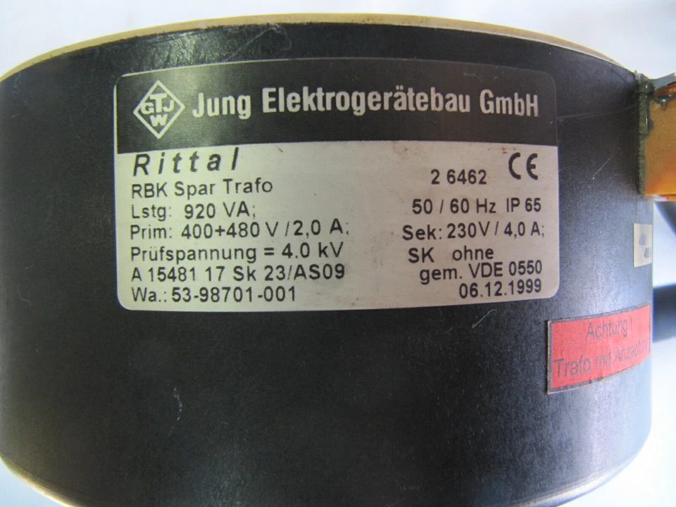 Transformador de ahorro Jung Rittal RBK 920VA 400/480V 1548117SK23/AS09 53-98701 26462 Foto 4 de 4