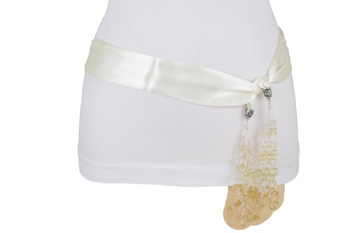 Women Cream Off White Tie Silk Fabric Sash Belt High Waist Hip Tassel Beads XS S - Picture 7 of 36