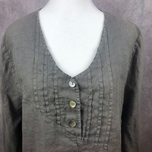 Mosaik Shirt Damen Large 100 % Leinen Bluse Lagenlook Oberteil grau Langarm USA - Bild 3 von 11
