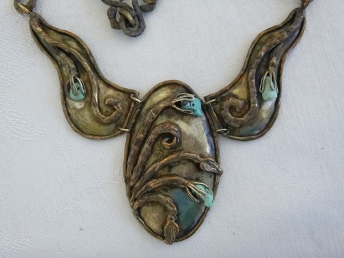Artisan Signed Distressed Brass Necklace w/Turquoise  29" Flowery Plant Design - Picture 3 of 5
