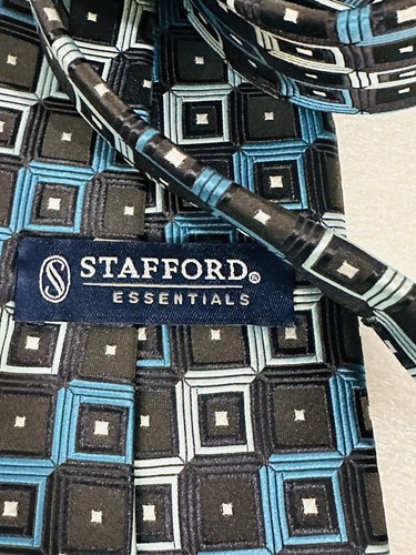 Stafford Aqua Navy Baby Blue Geometric Squares Modern Men’s Tie 57L - Picture 4 of 4
