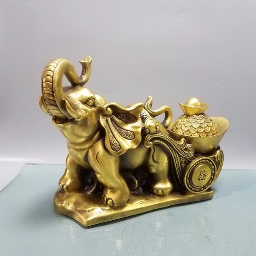 12" Chinese Brass Gild Lovable Animal Elephant Pull Yuanbao Money Wealth Statue - Picture 3 of 9