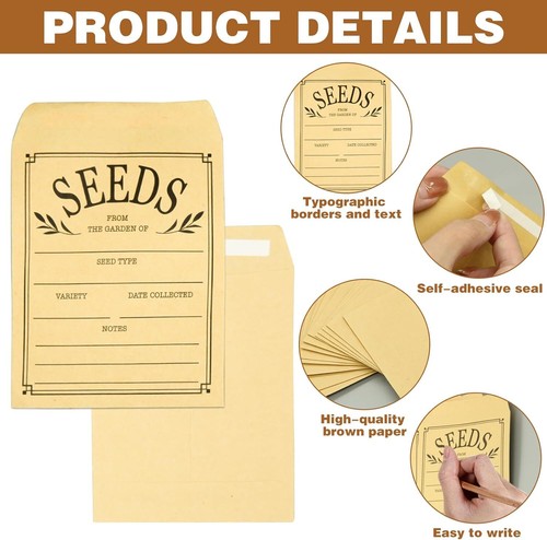 100Pcs Seed Envelopes, Envelopes Resealable Brown Paper Large, - Picture 2 of 13