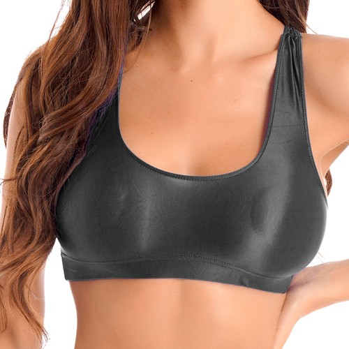 Women Tops Sheer Bra Modern T-shirt Glossy Vest Training Crop Top U Neck Tee - Picture 3 of 87