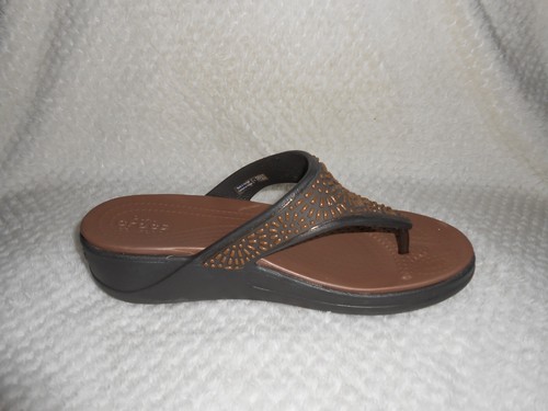 Crocs Monterey Diamante Wedge Flip Flop Thong Sandals Brown 206343 Size 8 - Picture 6 of 13
