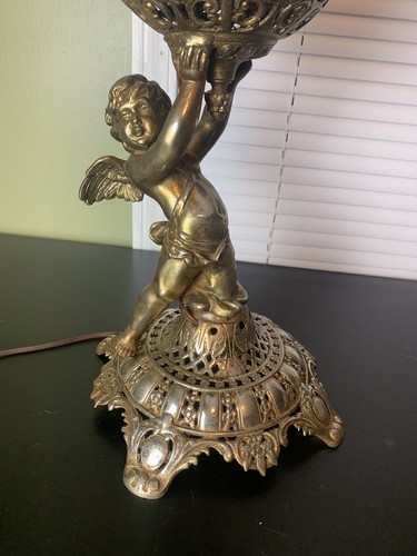Vintage Antique Cherub Angel Gone With The Wind Lamp Chimney Cranberry Hobnail  - Picture 2 of 23