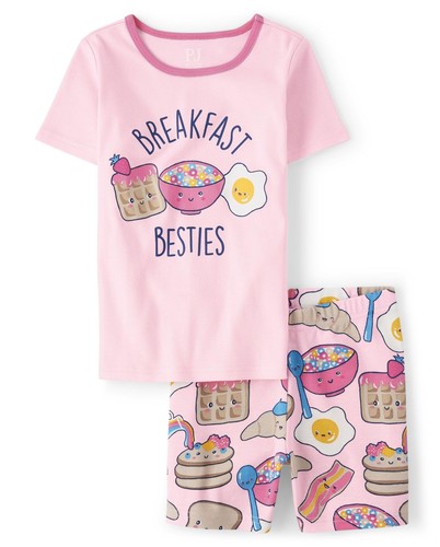 Mädchen Ärmel Oberteil und Shorts eng anliegend 100 % Baumwolle 2-teiliges Pyjama Set Frühstück...