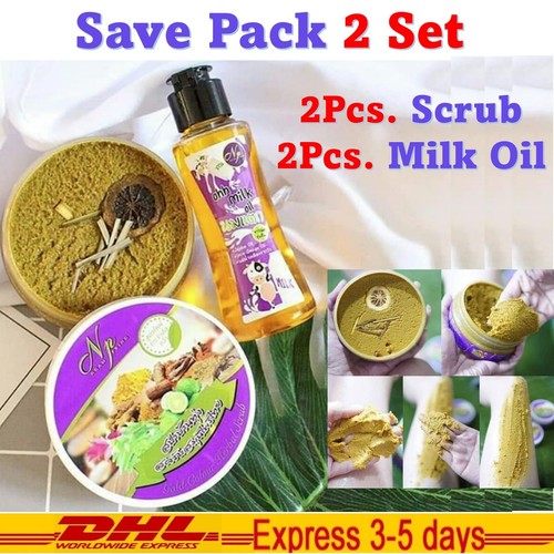 4x Ngam Pring Spa Herbal Honey Body Scrub & Milk Oil Radiant Smooth Aura Skin - Picture 1 of 12