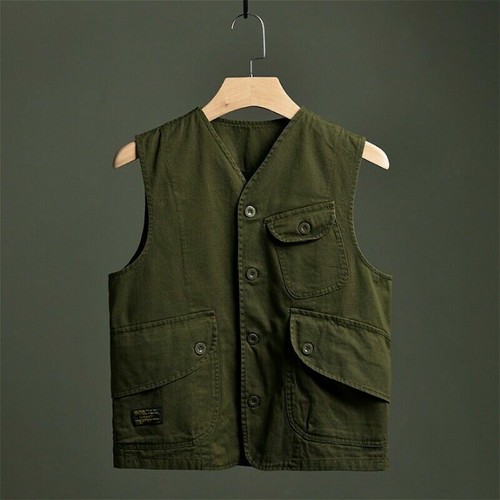 Men Waistcoat Gilet Cargo Vest Pocket Sleeveless Jacket Military Vintage Top - Picture 9 of 12