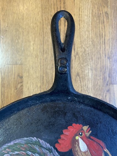 ANTIQUE CAST IRON #8 GRIDDLE Gate Mark ROOSTER HEN FARMS HAND PAINTED FOLK ART - Picture 6 of 9
