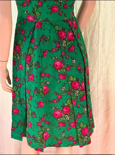 Vtg 60’s Floral BRIGHT Green & Pink Roses Cotton Dress Square Neckline Sz. M - Picture 2 of 9