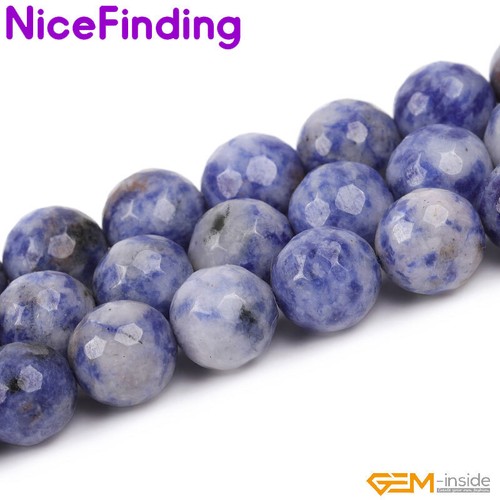 Natural Stone Blue Dot Sodalite Jasper Beads Jewelry Making Faceted Round 15" - Picture 6 of 28