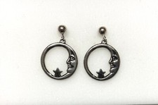 Rhodium Plate Ornate Style Dangle Earring-Moon and Star Hoop- ball post