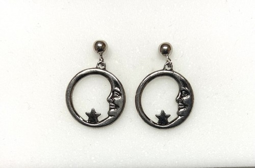 Rhodium Plate Ornate Style Dangle Earring-Moon and Star Hoop- ball post - Foto 1 di 3