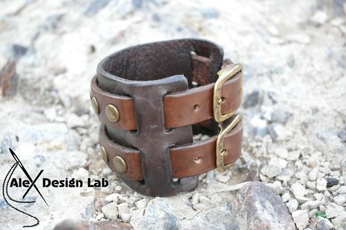 wide brown studded Leather cuff Bracelet Double strap wristband Extra class - Picture 7 of 7