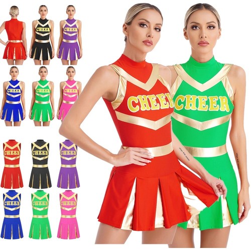 Womens Cheer Squad Uniform Zipper Cheerleading Costume Basketball Match Shiny - Picture 1 of 71