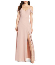 JENNY YOO Whipped Apricot Priya Cold Shoulder Chiffon Front Slit Maxi Gown 14