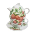 Strawberry Print 4 Pc Tea For One Stacking Tea Pot And Cup and Saucer Belgium 