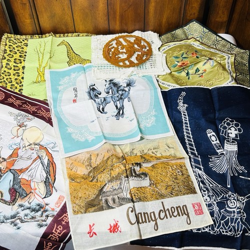 Vintage Dun Huang Peking China bestickter Seidenteppich & 6 einzigartige Taschentücher - Bild 1 von 24