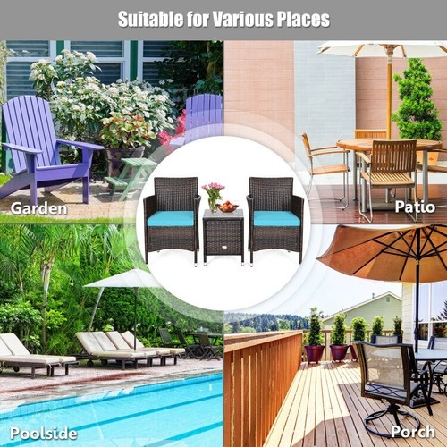 3 PCS Rattan Conversation Patio Set Outdoor Cushioned Wicker Chairs Coffee Table - Picture 10 of 14