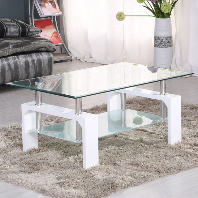 Modern Gl Coffee Table Rectangular W Shelf White Leg Living Room Furniture Modern Gl Coffee Table Rectangular W Shelf White Leg Living Room Furniture