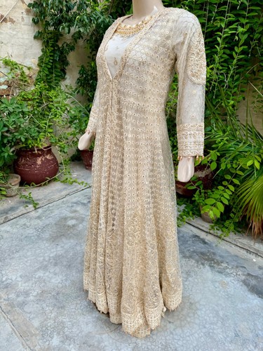 Pakistani Off White Gown Maxi Style Embroidered Sequins Grip & Net Dress,S - Picture 9 of 11