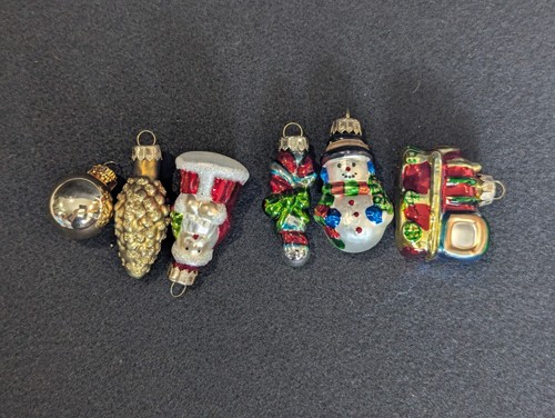 6 Vintage Style Mini Christmas Ornaments, Glass, Train, Santa Pinecone, Snowman