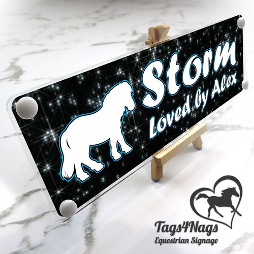 Personalise Horse Stable door perspex sign Black sparkly lined blue & White text - Picture 21 of 24