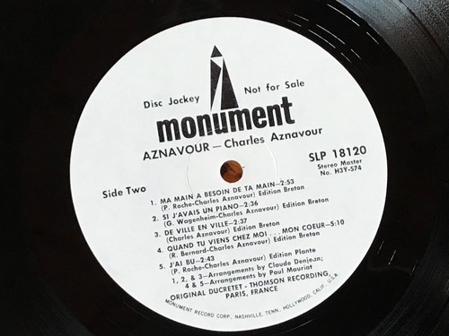 CHARLES AZNAVOUR, "Aznavour!" Monument SLP 19120, Promo, 1969. MINT! - Picture 8 of 8
