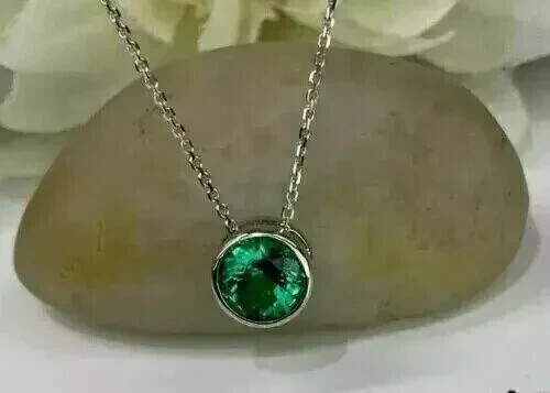 1Ct Round Lab Created Emerald Bezel Set Solitaire Pendant 14k White Gold Plated - Picture 2 of 5