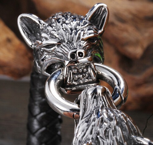 Genuine Leather Stainless Steel Gold silver Biker Wolf Clasp Mens Bracelet - Picture 6 of 8