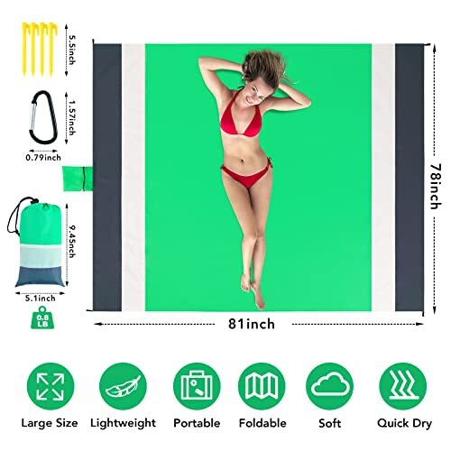 Beach Blanket Waterproof Sandproof, Extra Large 78''× 82'' Beach Light Green - Bild 4 von 7