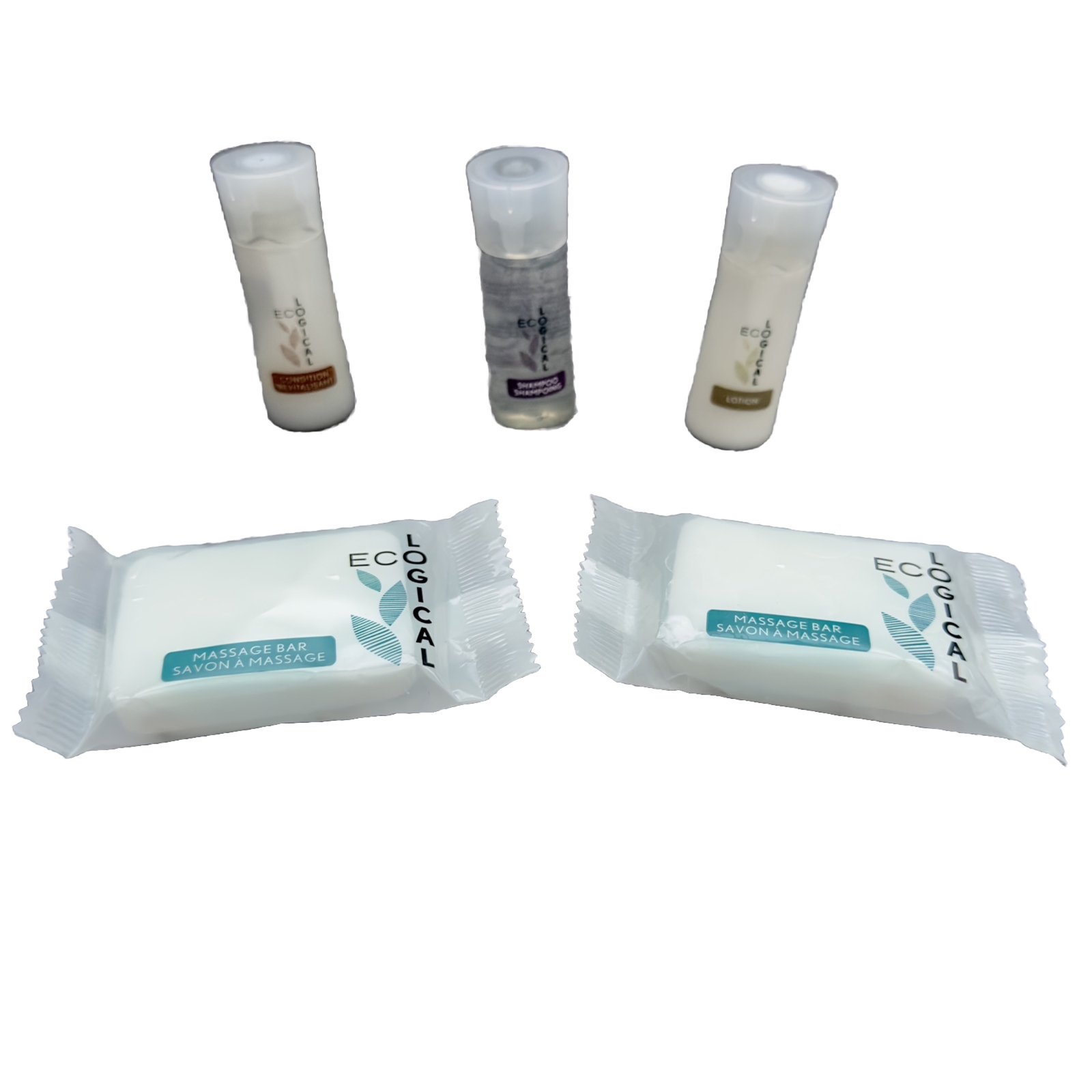Paquete ecológico acondicionador de champú tamaño de viaje loción 1 de cada uno y dos jabones