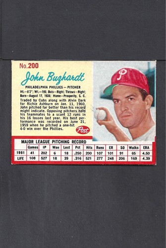 1962 POST #200 JOHN BUZHARDT-1--PHILLIES--NO CREASES--NR/MT