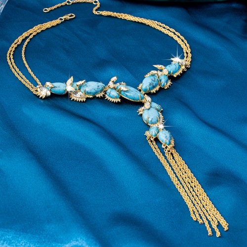 Collana Guicai design originale rame placcato oro diamante pieno nappa turchese - Foto 4 di 5