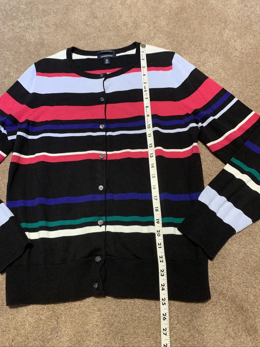 Womens Lands End Black Blue Pink Striped Supima Cotton Cardigan Sweater Medium