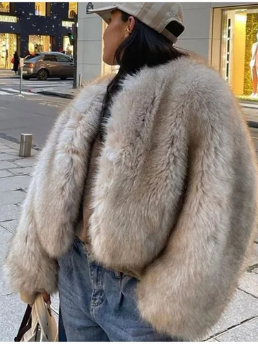 Elegante einfarbig flauschige kurze Jacke Damen Mode Langarm lose warm Kunstfell - Bild 9 von 23