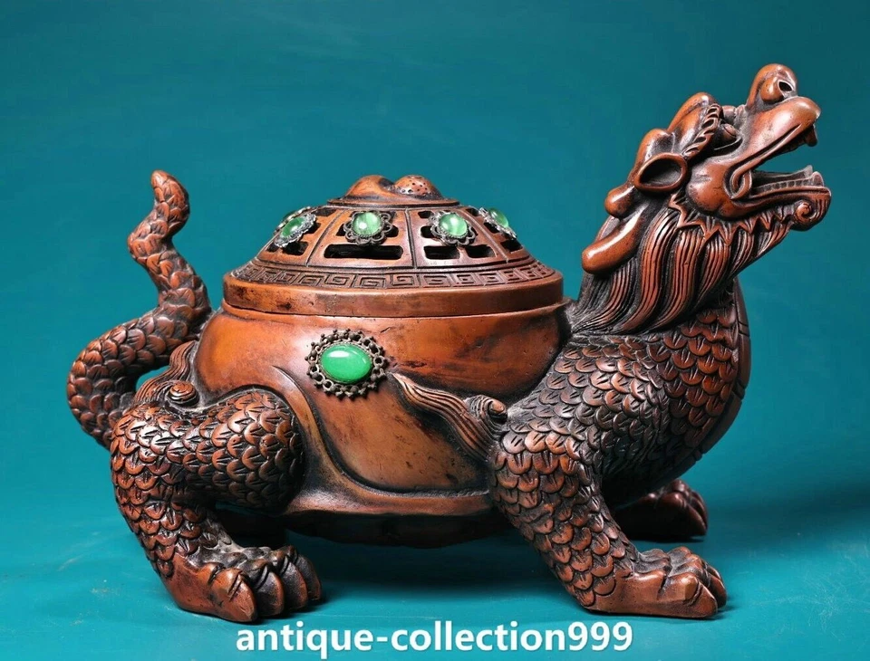 9.4"Old Red Copper Inlay Gems Eight Trigrams Dragon Turtle Incense Burner Censer - Image 4 of 4