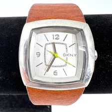 Vintage DKNY Watch Leather Band Silver Face/Back Works With Brand New Battery