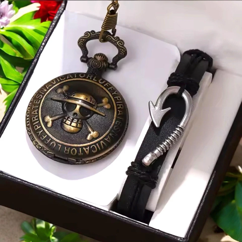 Reloj de Bolsillo de Cuarzo de Una Pieza de Anime Calavera Pirata de Bronce y Pulsera Gancho de Pez Foto 4 de 4