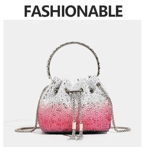Evening Clutch Bag Multicolor Crystal Bucket Purse with Tassel Messenger Bag - Picture 18 of 26