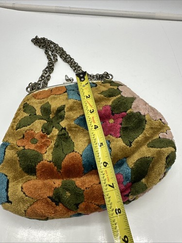Beautiful Floral Velvet Purse Handbag 1970's Colors Vintage Retro Chain Handle - Picture 7 of 12