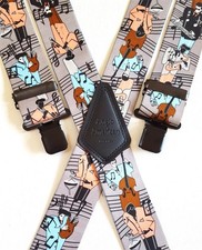 Mens Braces 2" Heavy Duty Grey Jazz Music Design Black Clips for Work