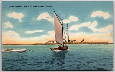 Boon Island Light Off York Beach Maine Postcard 1959 Sailboat Tichnor View
