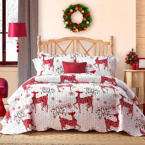 Christmas Quilts King Size with Christmas Printed King (106x96) Red Reindeer - Picture 1 of 6