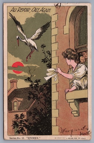 Au Revoir Storks Series No. 13 Baby Delivery UDB Postcard M7 - Picture 1 of 3