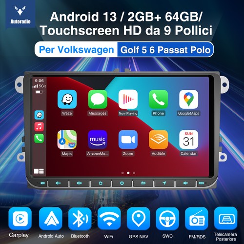Autoradio Carplay 64GB Android 13 GPS RDS WIFI CAM Per VW Golf 5 6 Passat Touran - Foto 2 di 16